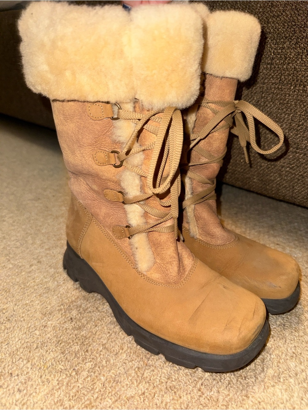 La CANADIENNE Suede Shearling Lace-Up Winter Boots Faux Fur Cuffs